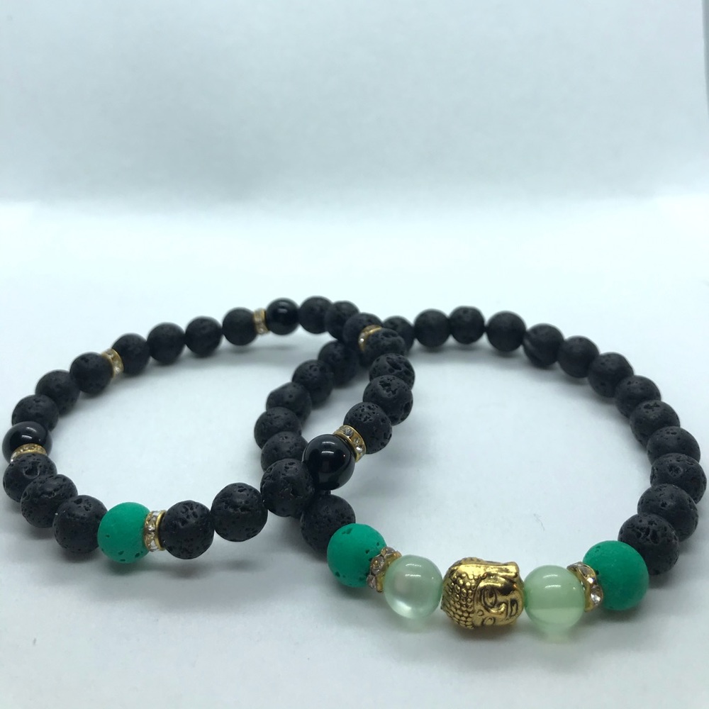 Black, Turquoise Lava Beads, Gold Buddha Bracelets